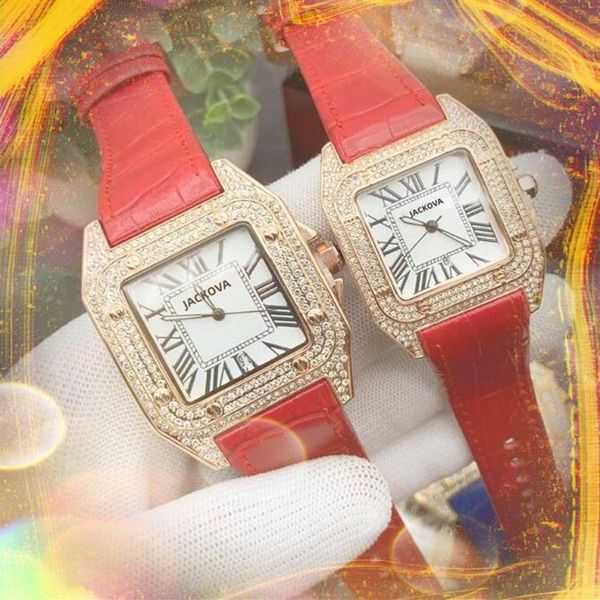 Пара модных женских и мужских кварцевых часов, высококачественные квадратные римские бриллианты, футляр для колец, роскошный топ-дизайн, кожаный ремень, часы, хороший table2513