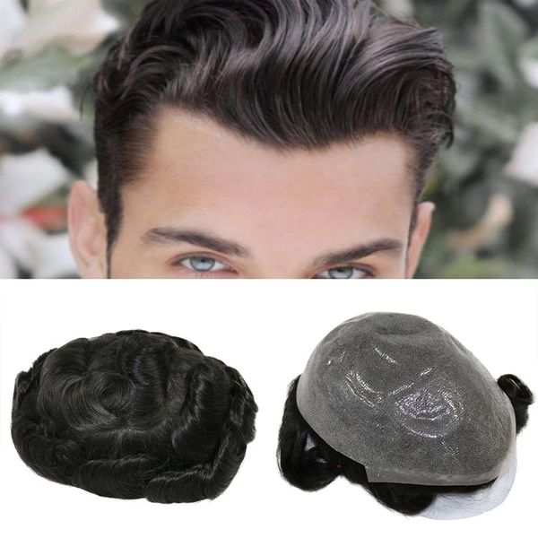 Dayanıklı Toupee 0 06-0 08mm Cilt Doğal Görünümlü Remy İnsan Saç Erkekler Peruk Tam Pu Değiştirmeleri Peruk261H