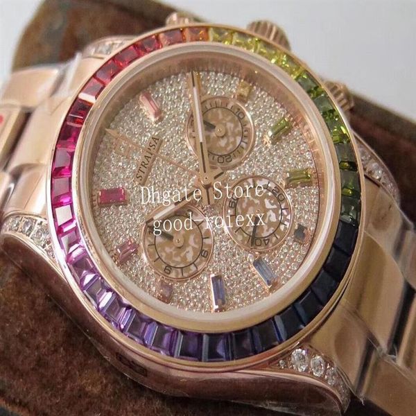 Chrono Eta 7750 Часы Мужские автоматические часы с хронографом Мужские часы из стали 904L с бриллиантовым циферблатом Кристалл Розовое золото Радуга 116598 275O