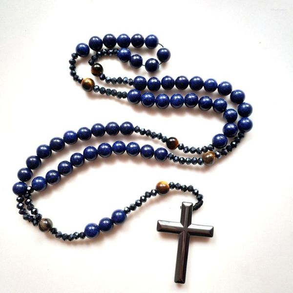 Collane con ciondolo CottvoCatholic Cresima Bluestone Cristallo Occhio di tigre Pietra Pregare Perline Catena Ematite Croce Collana rosario Coroncina