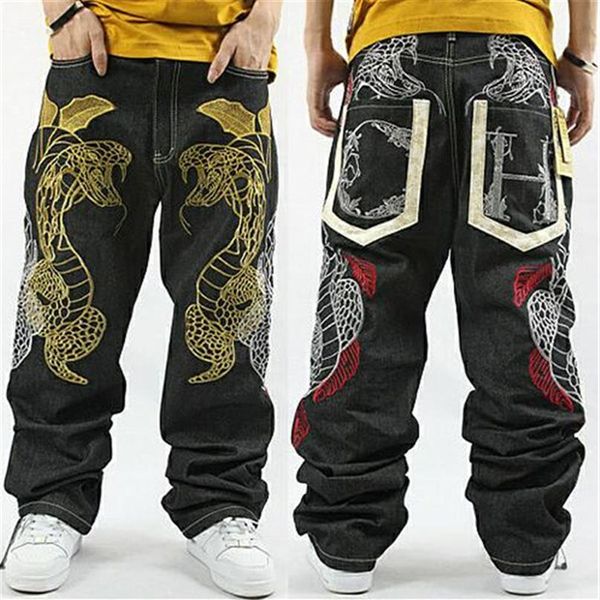 Moda ny skate bordado dragão jeans legal graffiti longo solto relaxado calças casuais rap menino b menino calças tamanho 34-42295m