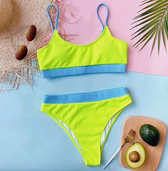 Ribbing 2 peças ternos sexy conjunto de biquíni cintura alta plissado ondulado neon verde maiô feminino bandagem beachwear monokini banho push up moda maiô biquinis s m l