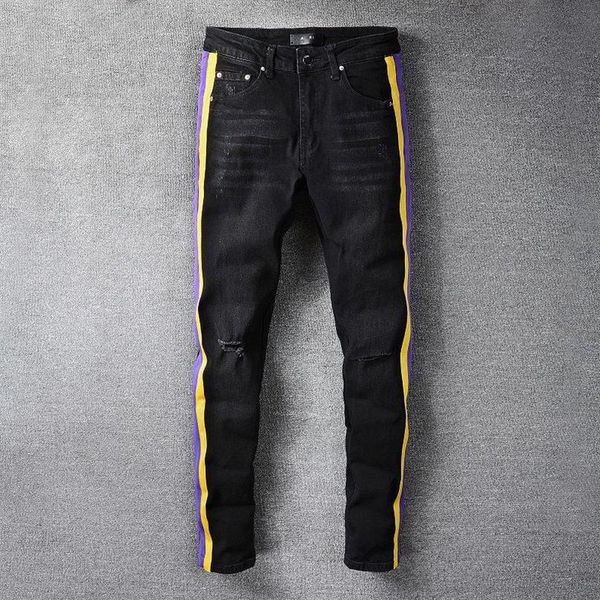 Черные тонкие рваные модные брендовые джинсы, повседневные хип-танцы, уличная одежда на четыре сезона, желтые, фиолетовые, в полоску, мужские, мужские193e