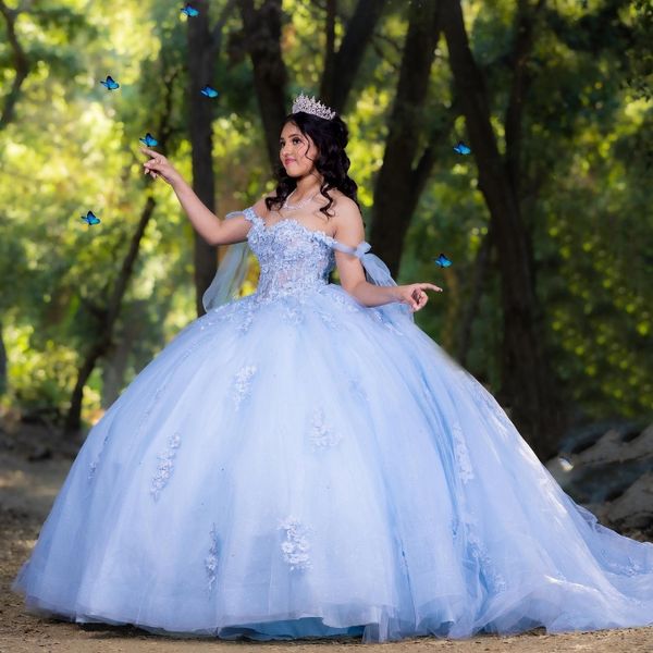 Небесно-голубое милое платье Quinceanera Sweet 16 Вечерние платья для выпускного вечера с открытыми плечами и аппликацией из кружева и тюля Vestidos De 15 Anos Бальное платье
