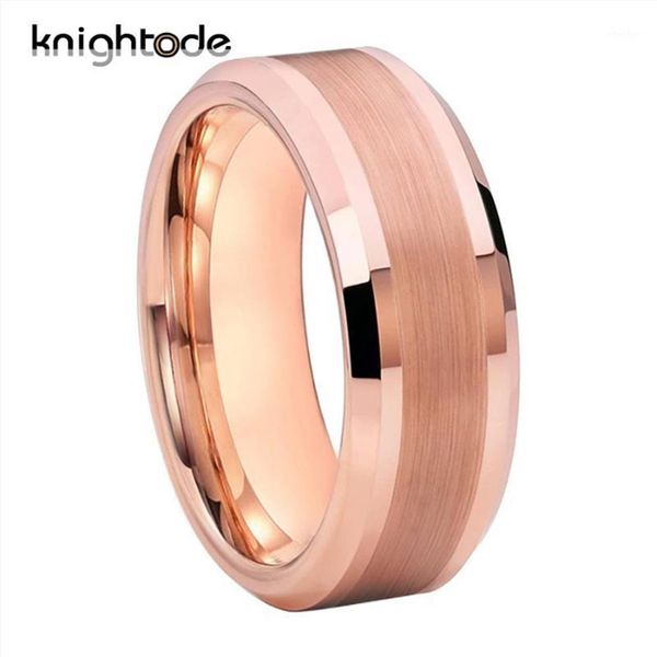 Aliança de casamento de tungstênio, ouro rosa, de alta qualidade, para homens, mulheres, noivado, anel de carboneto de tungstênio, centro escovado, bisel polido, bordas 1240w