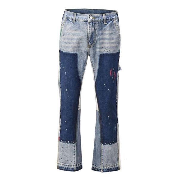 Designer-Jeans für Herren, Originalqualität, Straße, hohe Farbe, gespleißt, gewaschen, Jeans, Herren, Übergröße, weites Bein, gerade Denim-Flare-Hose, Retro-lose Freizeithose