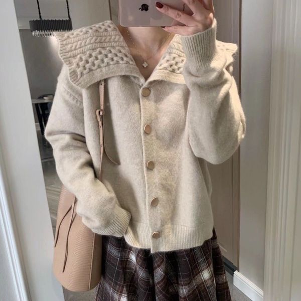 Casaco suéter japonês para mulheres, outono e inverno, novo colarinho de boneca virado para baixo, estilo marinho solto e ocioso, roupa externa combinada, cardig de malha