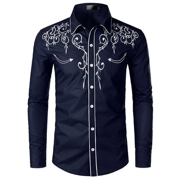 Homens elegantes camisa de cowboy ocidental bordado fino ajuste casual camisas de manga longa camisa de festa de casamento para male336o