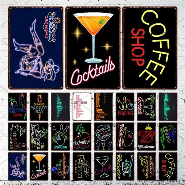 Clássico cocktail pintura de metal café vintage colorido neon placas de metal café pub clube casa decoração da parede sinais estanho retro plaqu259g