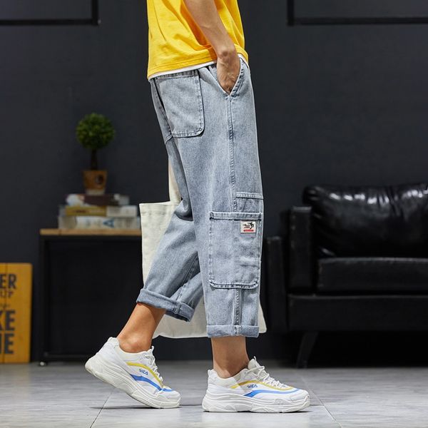 High Street Four Seasons Regular Cat Beard Letter Wide Leg Cropped Pants Stitching Large Pocket Jeans Boys Workwear Daddy Pants