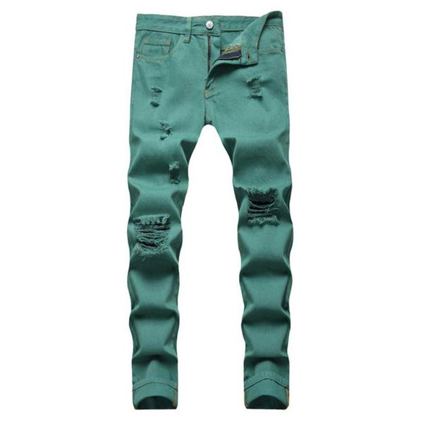 Jeans da uomo Fantasia Neon Color Y2K Denim Streetwear Pantaloni slim dritti Pantaloni strappati con fori Verde Giallo Rosa223C
