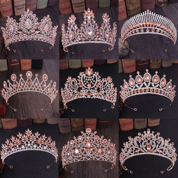 Jóias de cabelo de casamento moda rosa ouro pêssego cor cristal acessórios rainha princesa diadem tiara coroa cabeça 230909