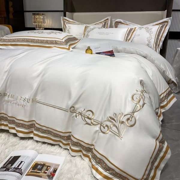 Branco de seda algodão conjunto cama luxo 4 pçs conjuntos cama cetim cor sólida bordado capa edredão rei rainha tamanho roupa cama p1952