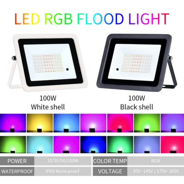 RGB Taşkın Işığı 100W 50W 30W 20W RGB Reflektör IP68 Su Geçirmez LED Spotlight 110V/220V Projektör Lambası Açık Bahçe Aydınlatma