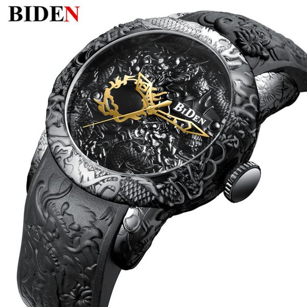 Nova moda 3d escultura dragão relógios de quartzo masculino marca biden relógio de ouro masculino requintado alívio criativo relogio338v