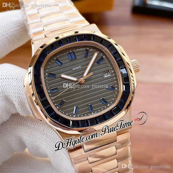 40mm 5711 A21J Relógio Automático Masculino Rosa Ouro Baguette Azul Gem Moldura Cinza Textura Dial Diamantes Vara Marcadores Inoxidável Stee268p