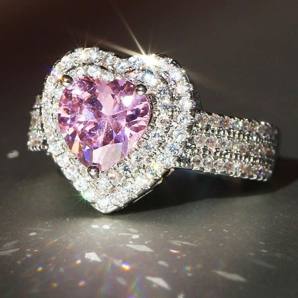 2020 novas mulheres anéis de casamento moda prata rosa coração pedra preciosa anéis de noivado jóias simulado anel de diamante para wedding237p