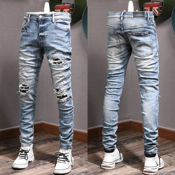 Herren-Biker-Jeans mit Übergröße 38, Damage Distressed Fading Destroyed Hole Denim Male301L