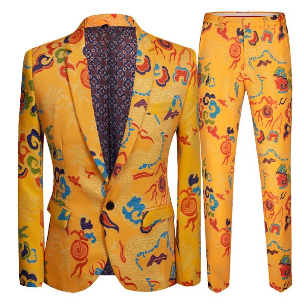 Abiti da uomo Blazer 2023 Moda Uomo Casual Stile cinese Drago giallo Modello Abito maschile Slim Stage Party Host 2 pezzi Set Giacca Pantaloni 230909