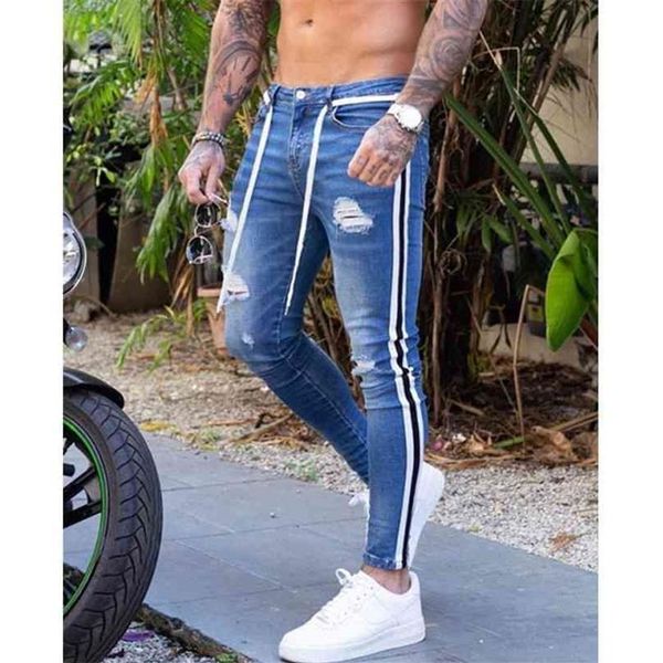 Jeans skinny da uomo alla moda Biker distrutto sfilacciato pantaloni denim strappati matita a righe laterali Hip Hop Streetwear 210716221S