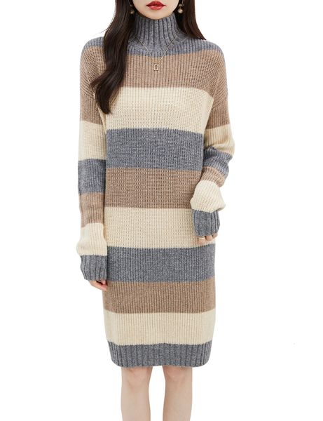 Abiti sexy urbani Taglia EU Maglione da donna in lana merino 2023 Autunno inverno Gonna dolcevita Manica lunga a righe Abito spesso in maglia Tan 230909