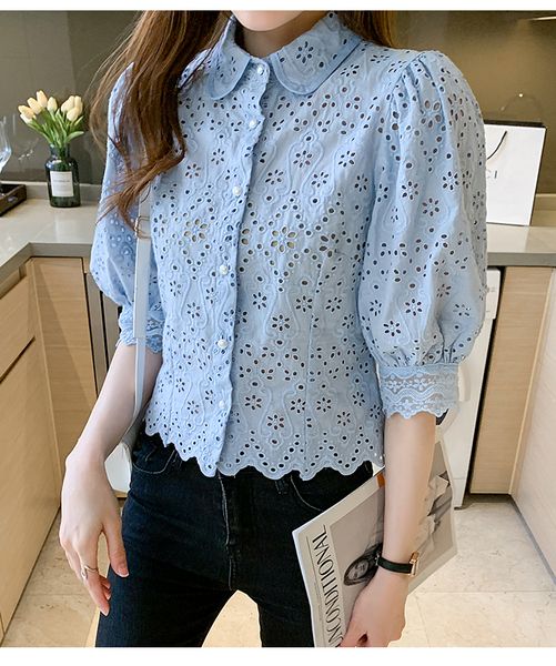 Женские блузки Рубашки Лето Лето Blusas Basic Office Lady Blusas Винтажные кружевные топы Элегантная шифоновая блузка Женские свободные полые повседневные рубашки 2024