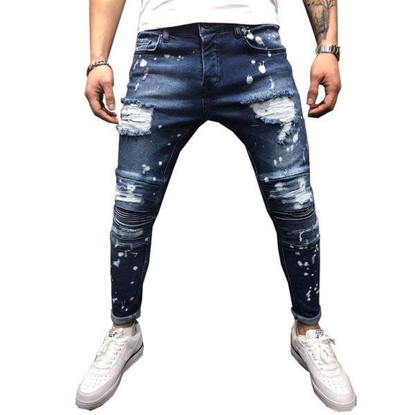 Herren Stretch Destroyed Ripped Paint Point Biker Jeans New Fashion Zipper Skinny Jeans279Z