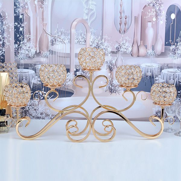 5 cabeça de metal castiçal ouro prata banhado castiçal mesa cristal candelabros casa hotel peças centrais do casamento decoração