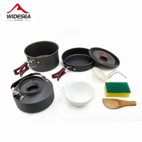 Acampamento cozinha widesea acampamento conjunto de panelas ao ar livre pote kit de utensílios de mesa cozinhar chaleira de água pan viagem talheres utensílios caminhadas piquenique equipamentos 230909