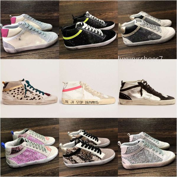 Italia 10A di alta qualità Golden Brand Mid Slide Star Sneakers High Top Scarpe da donna Scarpe Posa Gold Classico Leopard White Do-Old Dirty Designer Shoe