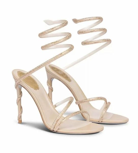 Известные бренды Сандалии на каблуке Женская обувь Обувь со стразами Сандалии на высоком каблуке с запахом до щиколотки Кристалл Шипованные змеи Роскошные дизайнеры Мода 9,5 см Rc Cleo