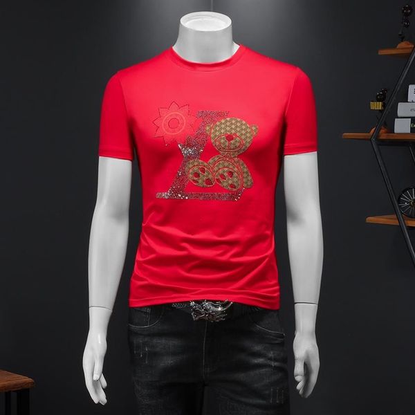 2023 nuovo trapano ricamato stampato a maniche corte T-shirt moda tendenza casual slim girocollo da uomo che tocca il fondo della camicia248o