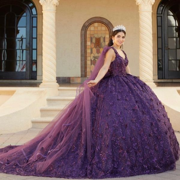 Lila glänzende Prinzessin Quinceanera-Kleider mit Umhang, schulterfrei, Blumen-Schmetterlings-Korsett, süßes 15-Kleid, Vestido Debütantin