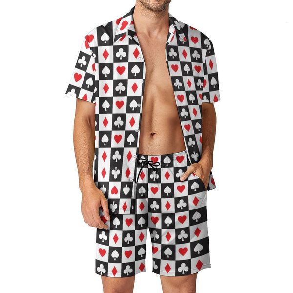 Tute da uomo Cuore Carte da gioco Spiaggia Set da uomo Poker Set camicia casual Pantaloncini stampati estivi Abito moda 2 pezzi Taglie forti 2XL 3XL 230909
