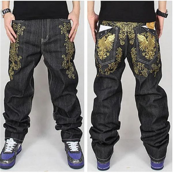 Großhandel-Phoenix Gold Stickerei Männer Baggy Jeans Herren Hip Hop Jeans Langes lose Fashion Skaty Baggy Entspannte Fit Jeans für Männer Hosen 30-46 200 Pfund verfügbar