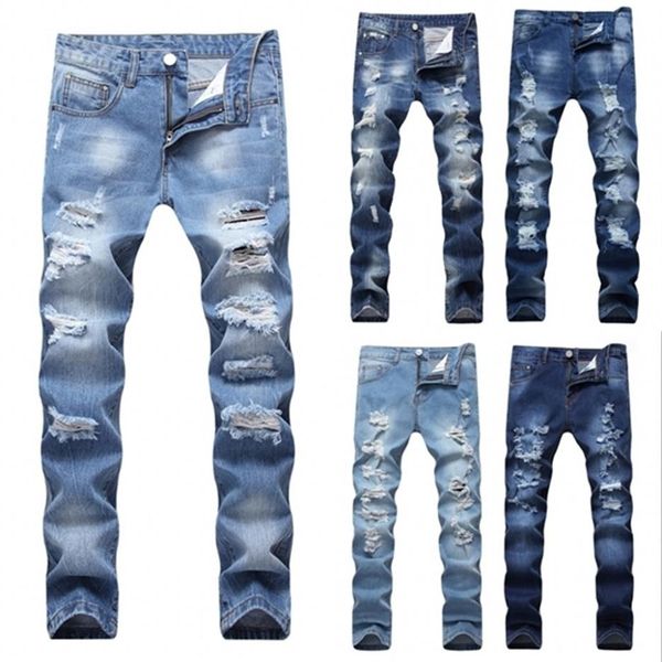 2020 Дизайнерские мужские рваные джинсы Slim Fit Голубые джинсовые джоггеры Мужские потертые брюки с потертостями Брюки на пуговицах X0621271P