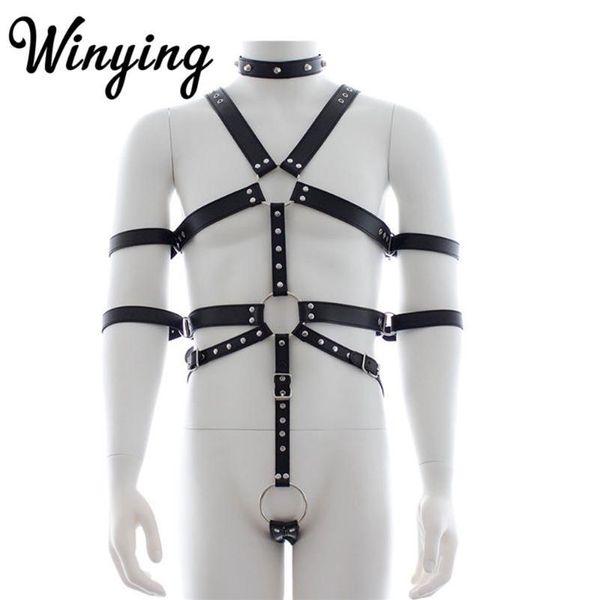 Sexy masculino couro do plutônio de corpo inteiro ajustável cintos cintos conjunto masculino cintas eróticas traje gay bdsm bondage sutiãs sets265j