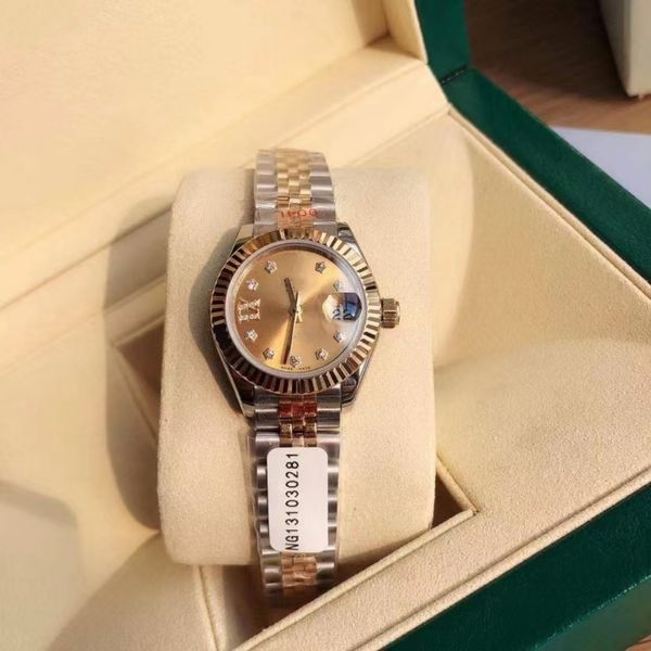 Com caixa original papéis de luxo feminino relógio senhora tamanho 31mm data menina safira vidro relógio pulso movimento mecânico automático 68