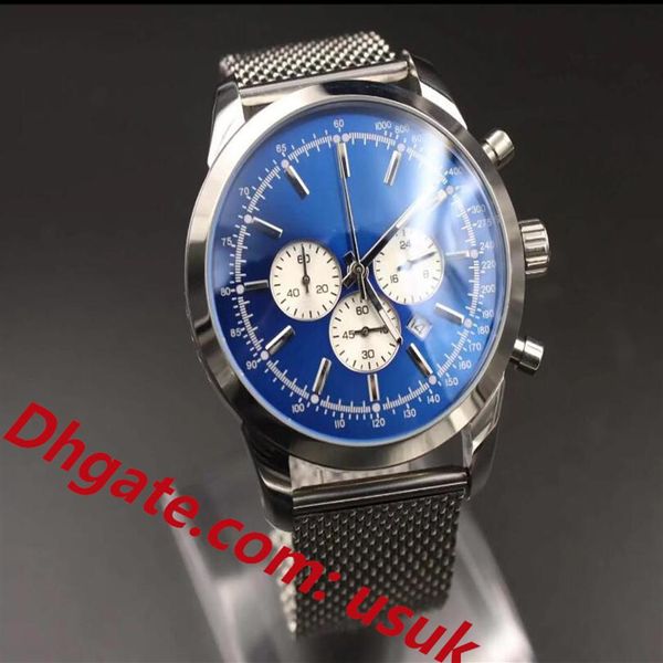 3A Qualität Herrenuhren 44 MM Edelstahl Quarzuhr Für Männer Blaues Zifferblatt Analog Chronograph Armbanduhr Super Leuchtende Uhr ori242D