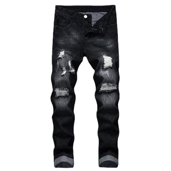 Мужские джинсы с черными дырками, мужские тонкие однотонные отбеленные рваные повседневные брюки полной длины, ковбойские брюки высокого качества Fashion286J