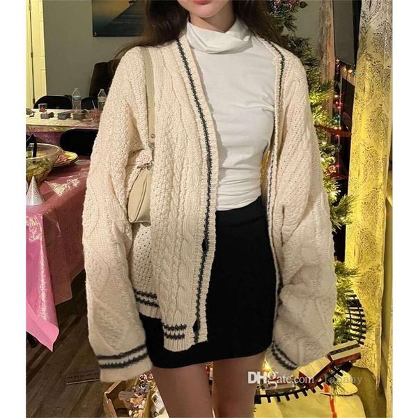 2023 Sonbahar Kış Örgü Sweaters Kadınlar Hırka Moda Nakış Tek Düğmesi V Yağ Uzun Kollu Kalın Kat Kıyafetleri