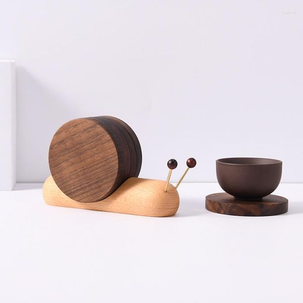 Tischsets Naturholz Set Holzschnecke Rundes Tischset mit Magnet Home Desk Ornament Teetasse Becher Solide Pads