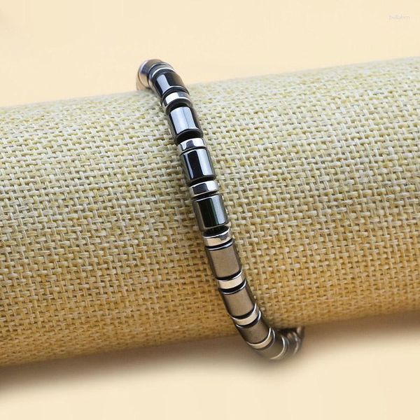 Filo nero mix argento perline piatte tonde cilindriche unisex non magnetiche bracciali regolabili da uomo ornamenti di gioielli in ematite naturale