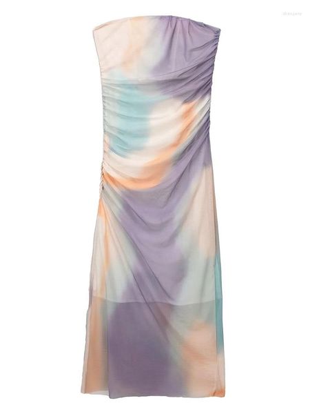 Lässige Kleider 2023 Sommer Damen Tüll Korsett Tie Dye Maxikleid Schulterfrei Midi Open Back Plissee