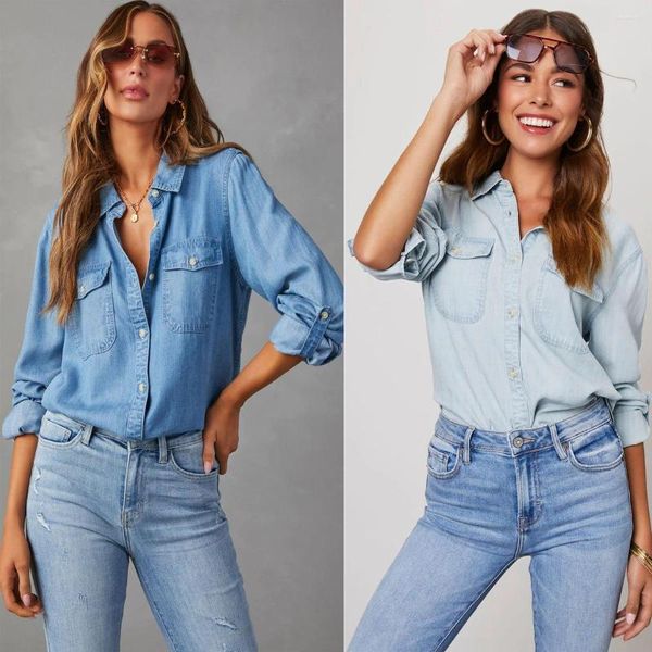Kadın Bluzları Y2K Mavi Gömlek 2023 Sonbahar Uzun Kollu Düğme Down Bekar Göğüslü Kadınlar Sokak Giyim İnce Fit Gündelik Gömlekler