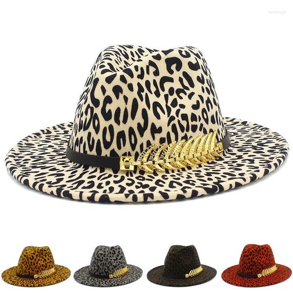 Bérets Fedora chapeau laine casquettes motif léopard femmes hommes chapeaux ceinture en cuir Trilby feutre casquette de luxe Jazz Fedoras souffleur