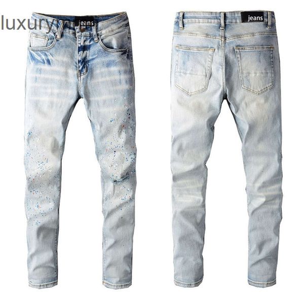 Denim Amiryes Jeans Designer Calças Homem Mens Jean 812Personalizado Moda Rua Cowboy Calças Casuais Micro Elástico Algodão Juventude Azul Splash Paint Jeans Apertados 0HQL