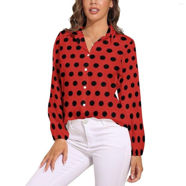 Damenblusen, rote und schwarze gepunktete Bluse, Polkadots, Vintage-Muster, cooles grafisches Langarm-Freizeithemd, Herbst-Oversize-Kleidung