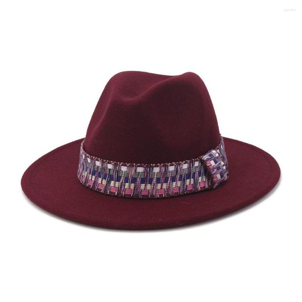 Berets verkaufen Mode Wollfilz Jazz Panama Fedora Hut mit flacher breiter Krempe Unisex Baumwolle Solide Frauen Männer Caps