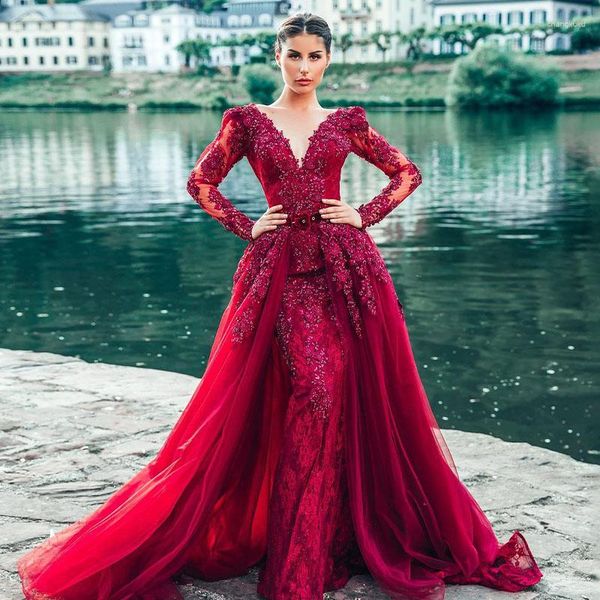 Abiti da festa Elegante vino rosso maniche lunghe scollo a V sirena da sera fatto a mano applique in pizzo strascico staccabile formale cresciuto 2023